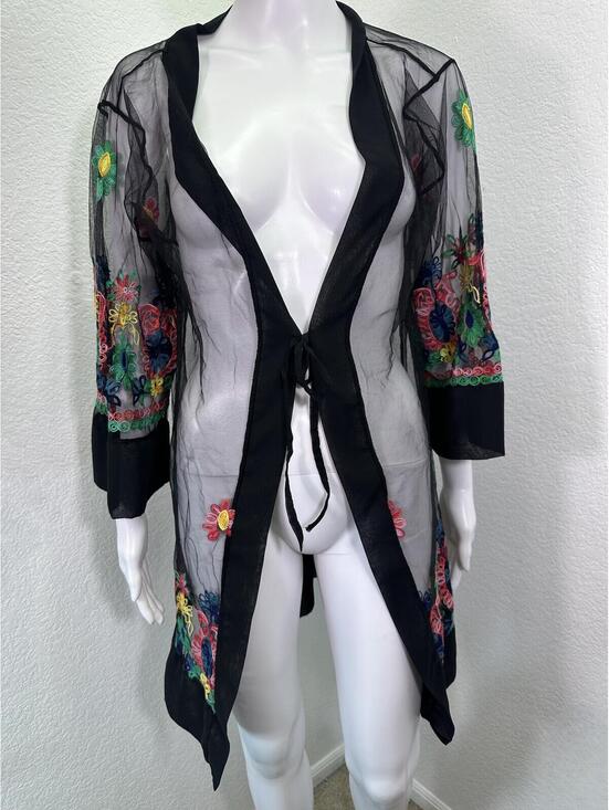 Other - Black Mesh Floral Duster Embroidered Traditional Mexican Style Loungewear